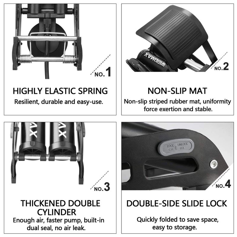 WEIDMAX Double Barrel Pedal Pump, WEIDMAX Double Cylinder Bike Pump, Bicycle Foot Pump, Portable Bike Floor Air Pump, with Pressure Gauge and Intelligent Valve Head - Image 3